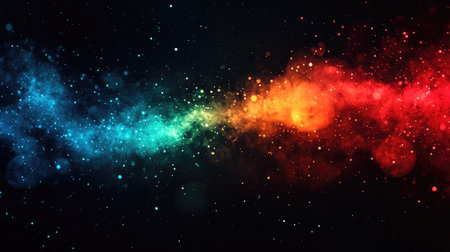 Colorful bokeh lights in shades of red, blue, and green glowing against a dark night sky.の素材