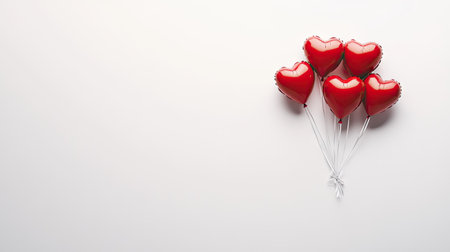 Cluster of red heart-shaped balloons tied together with white ribbons on a white studio background.の素材