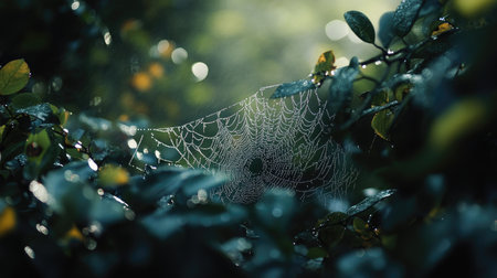 Detailed view of a spider web coated with dew, surrounded by soft focus morning foliage.の素材