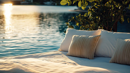 Cozy bed by the pool, with plush pillows and a calm water view, offering a peaceful retreat.の素材