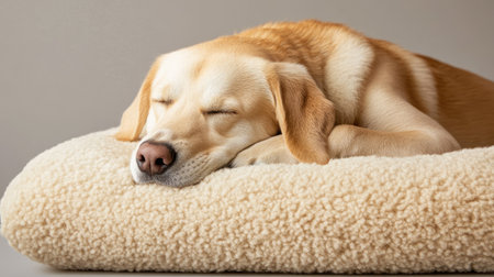 Dog sleeping soundly on a fluffy dog bed pillow, with a content and relaxed look on its face.の素材