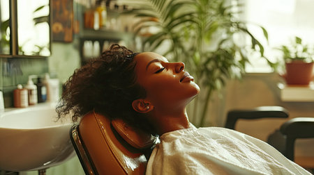 Content woman leaning back in a salon chair, enjoying the calming feeling of a hairstylist washing her hair.の素材