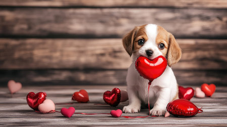 Cute puppy holding a red heart-shaped balloon in its mouth, surrounded by Valentine's decorations.の素材