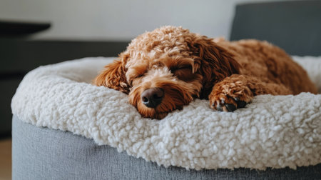 Comfortable dog napping on a soft, fluffy pillow dog bed, enjoying a well-deserved rest.の素材