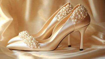 High heel wedding shoes with pearl detailing, placed elegantly on a satin fabric with soft lighting.の素材