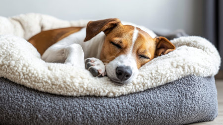 Content dog curled up on a fluffy pillow dog bed, wrapped in a soft blanket in a tranquil space.の素材