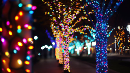 Colorful out-of-focus bokeh lights twinkling softly like stars on a dark night sky.の素材