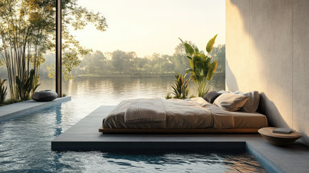 Cozy bed beside a pool with tranquil blue water, ideal for relaxation and enjoying the serene surroundings.の素材