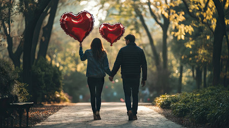 Couple walking hand in hand holding heart-shaped balloons in a lush green park on Valentine's Day.の素材