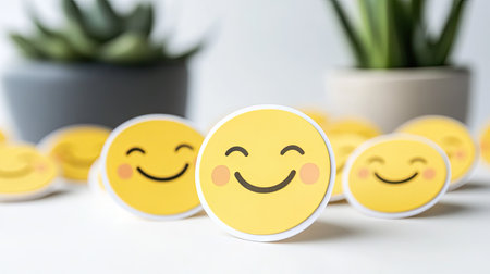 Cluster of small yellow smiley face stickers grouped on a minimal white background.の素材