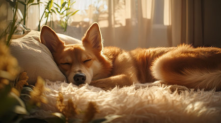 Dog napping on a fluffy pillow bed with its eyes closed, surrounded by a calming, serene environment.の素材