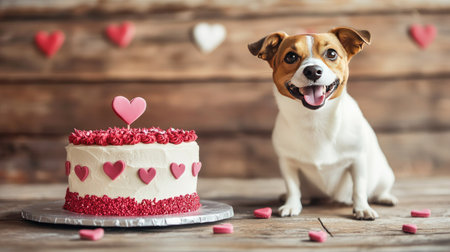 Dog sitting by a Valentine's Day cake decorated with tiny hearts, wagging its tail happily.の素材