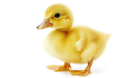 Cute yellow duckling standing on a white background, looking curiously at the camera.の素材