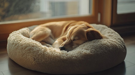 Cute dog curled up on a soft fluffy pillow dog bed, enjoying a midday nap in a warm, cozy room.の素材