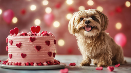 Dog sitting by a Valentine's Day cake decorated with tiny hearts, wagging its tail happily.の素材
