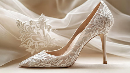 Elegant white high heel wedding shoes with intricate lace details, placed on a soft wedding gown fabric.の素材