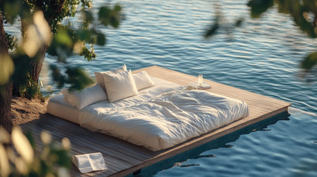 Cozy bed by the pool, with plush pillows and a calm water view, offering a peaceful retreat.の素材