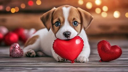 Cute puppy holding a red heart-shaped balloon in its mouth, surrounded by Valentine's decorations.の素材