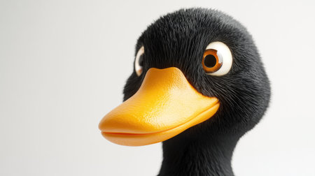 Duck with a glossy yellow beak and round eyes, isolated on a simple white background.の素材