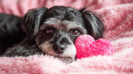 Dog cuddling a plush heart toy, lying on a soft pink blanket for Valentine's Day.の素材