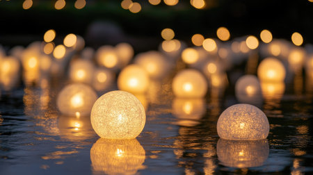 Golden and white bokeh lights scattered like glowing orbs on a peaceful night background.の素材