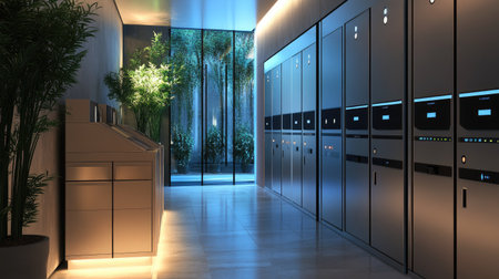 Digital smart lockers in a luxury setting, offering high-security features and a futuristic design.の素材