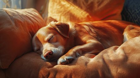 Dog sleeping soundly on a plush dog bed pillow, surrounded by soft cushions and a tranquil environment.の素材