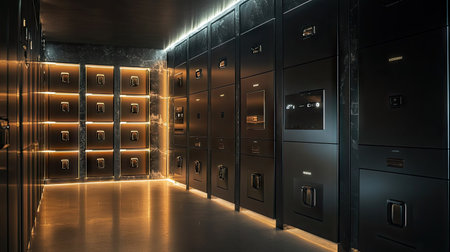 Digital smart lockers in a luxury setting, offering high-security features and a futuristic design.の素材
