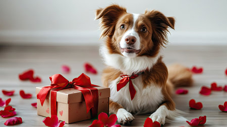 Dog posing with a Valentine's gift box tied with a ribbon, surrounded by rose petals.の素材