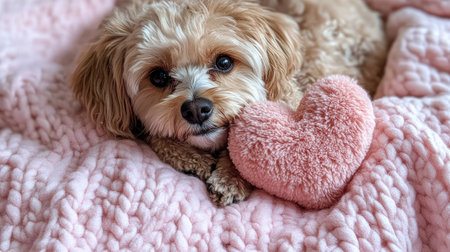 Dog cuddling a plush heart toy, lying on a soft pink blanket for Valentine's Day.の素材