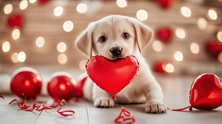 Cute puppy holding a red heart-shaped balloon in its mouth, surrounded by Valentine's decorations.の素材