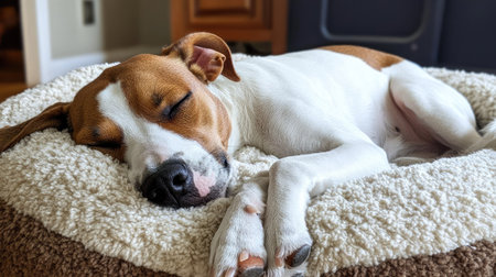 Dog snuggling into a plush dog bed pillow, fast asleep and looking completely at ease.の素材