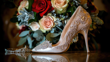 Elegant high heel wedding shoes with lace and satin finish, surrounded by bridal jewelry and a flower bouquet.の素材