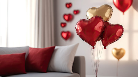 Heart-shaped air balloons in shades of red and gold, floating in a cozy Valentine-themed living room.の素材
