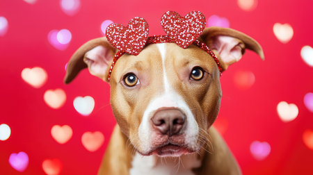 Dog wearing a headband with glittery hearts, posing against a bright Valentine backdrop.の素材