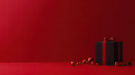 Minimalistic arrangement of a single gift box and red hearts on a vibrant red background.の素材