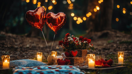 Floating heart balloons in a romantic Valentine's Day outdoor picnic setup with candles and flowers.の素材