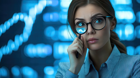 Female stock analyst with a magnifying glass, deep in thought while reviewing market trends and charts.の素材