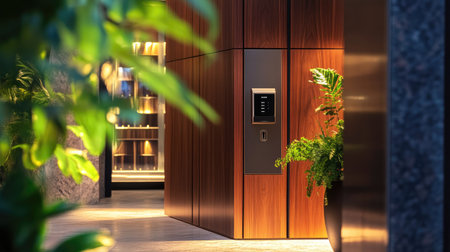 Elegant locker with a digital keycard lock, set in a modern space offering both luxury and security.の素材