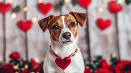 Lovely dog sitting in a Valentine-themed photo booth with red roses and heart garlands.の素材