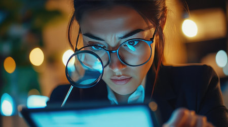 Focused businesswoman with glasses using a magnifying glass to assess the stock market on a tablet screen.の素材