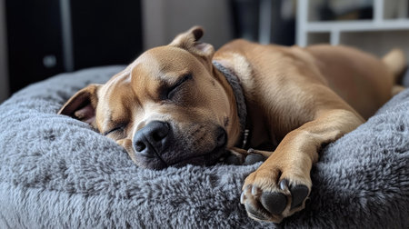 Dog snuggling into a plush dog bed pillow, fast asleep and looking completely at ease.の素材
