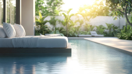 Empty bed beside a refreshing swimming pool, offering a peaceful escape with tranquil water and a relaxing vibe.の素材
