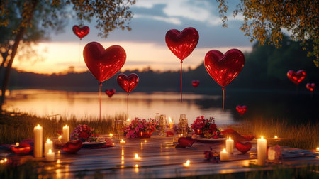 Floating heart balloons in a romantic Valentine's Day outdoor picnic setup with candles and flowers.の素材