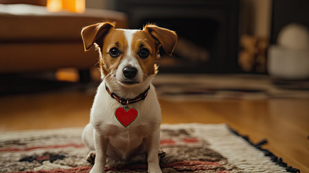 Lovely dog sitting on a cozy rug with a heart-shaped tag on its collar, celebrating Valentine's Day.の素材