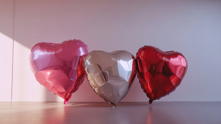 Metallic heart-shaped balloons in shades of red and pink reflecting light in a minimalist studio setting.の素材