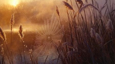 Intricate spider web suspended between reeds by a river, bathed in the soft light of dawn.の素材