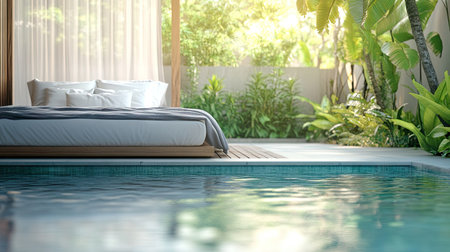 Empty bed placed beside a sparkling pool in an idyllic outdoor setting, inviting relaxation and peace.の素材