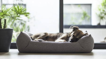 Fluffy dog snuggled up on a pillow bed, with its paws tucked in, sleeping in a relaxed position.の素材
