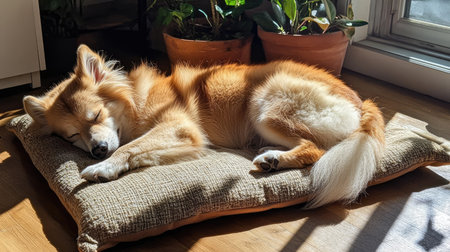 Fluffy dog lying on its side, peacefully sleeping on a cozy dog bed pillow in a sunlit room.の素材